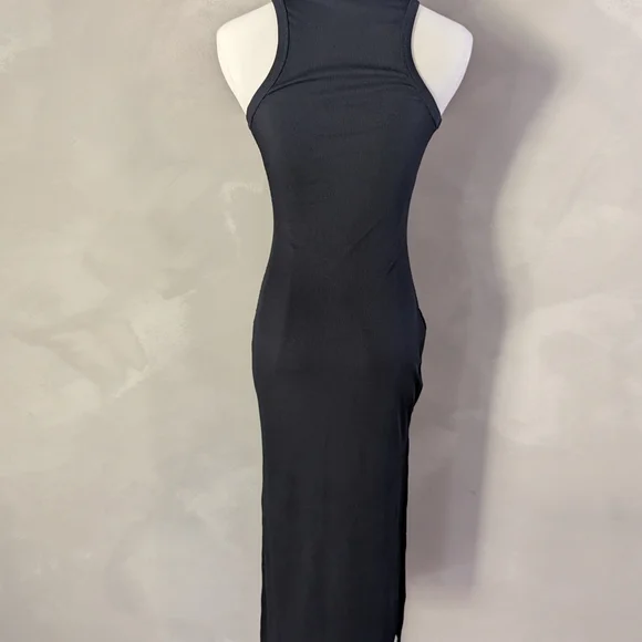 Black sleeveless midi ribbed bodycon dress with side slits - Picture 6 of 6